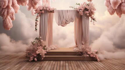 A wooden 3D podium stands tall amid floating, ethereal clouds in pastel pinks and grays. Hanging vines drape subtly around the podium's edges. Open, blank backdrops eagerly await marketing copy.