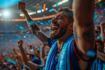 Crowd of sports fans cheering during a match in stadium. Excited people standing with their arms raised, clapping, and yelling to encourage their team to win.