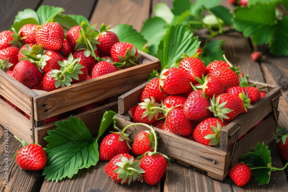 Wall mural Juicy fresh strawberries in a wooden box on a wooden background, summer berries. - Wall murals