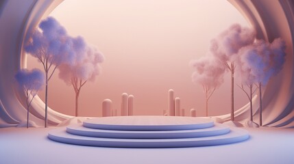 Center stage, a streamlined 3D podium. On either side, miniature trees with geometric leaves cast...