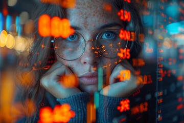 Documentary-style stock photo of financial data analysis, featuring graphs and statistics, office setting, and business people