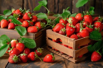 Juicy fresh strawberries in a wooden box on a wooden background, summer berries.
