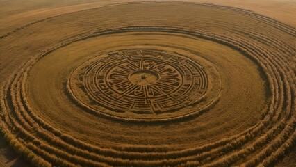 Fototapeta na wymiar Aerial View of Intricate Crop Circle Design in a Wheat Field at Dusk