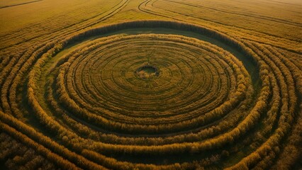 Fototapeta na wymiar Aerial View of Intricate Crop Circle Design in a Wheat Field at Dusk