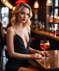 a young blonde model with long slender legs, sitting on a stool next to a bar wearing a black dress