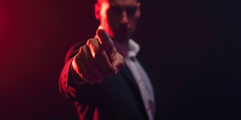 Mysterious man pointing forward in a dark room. business style attire with dramatic lighting. perfect for suspense themes. AI