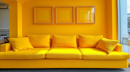 vibrant yellow modern couch with matching pillows set against a yellow wall with framed artwork, creating a bold and stylish interior