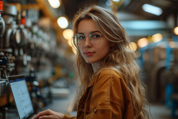 Female engineer using laptop computer for safety control checks or manufacturing maintenance work in factory building or construction site. woman engineer inspector working in industry product line