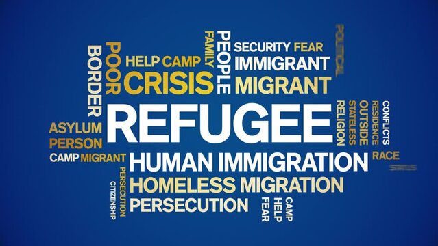 Refugee animated tag word cloud;text design animation kinetic typography seamless loop.