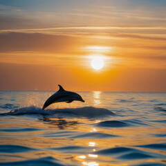 Fototapeta premium A fish is diving in the ocean in front of the sun