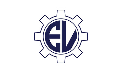 Obraz premium EV initial letter mechanical circle logo design vector template. industrial, engineering, servicing, word mark, letter mark, monogram, construction, business, company, corporate, commercial, geometric