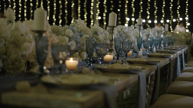Festive fine setting table row chair flower reception party. birthday,Christmas, Valentine, honeymoon.