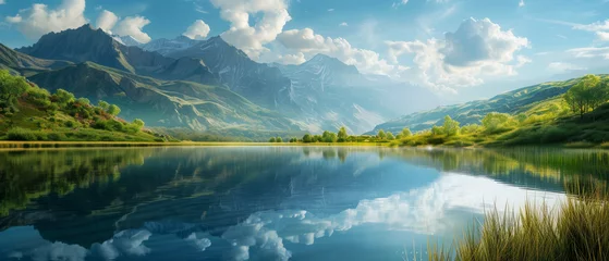 Zelfklevend Fotobehang Mountain reflection on a calm lake at sunrise.  © Toey Meaong