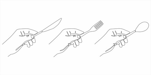 continuous line of hands holding spoon, fork and knife