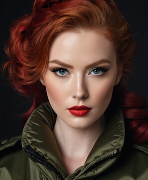photo of a vivacious Finnish supermodel Striking eyes voluminous thick wavy red hair,