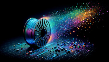 Transformative ABS filament disintegrating into vibrant digital pixels