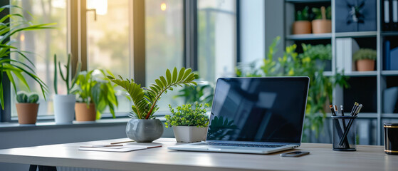 Workspace; Bright home office with a laptop and indoor plants.
