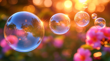 Transparent soap bubbles float gracefully, reflecting a vibrant, sunlit garden scene.