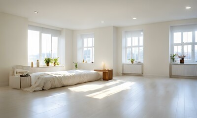 Naklejka na ściany i meble 空の部屋。 光が差し込む。白い壁｜empty room. Light shines in. white wall. Generative AI