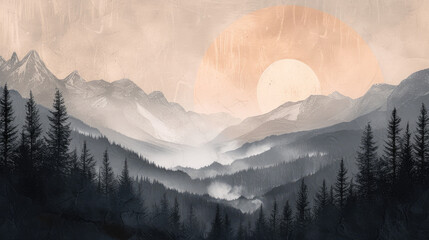 Illustration of a serene sunset in misty mountains with pine tree silhouettes, modern monochrome style