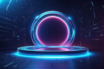 Podium light hologram tech technology background portal circle cyberpunk effect digital. Game...