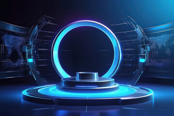 Podium light hologram tech technology background portal circle cyberpunk effect digital. Game element podium hologram light blue hud vector 3d future futuristic data concept neon vr fi abstract cyber
