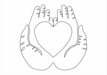 Continuous one line drawing. hands holding heart on white background. Black thin line of hand with heart image.