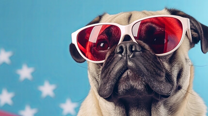 Pug dog wearing sunglasses fashion portrait on solid pastel background. 4th of July USA Independence Day. presentation. advertisement. invite invitation. copy text space.