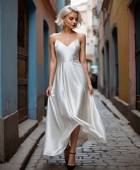  Russian woman with short, messy platinum blonde hair wearing a simple short silk gown, exuding timeless charm.