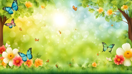 Spring-themed background and banner featuring flowers, green trees, and butterflies to create a springtime atmosphere. Ideal for spring promotions, flower exhibitions, or garden parties.
