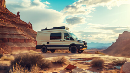 An off-road campervan traveling in nature on a canyon path for a road trip to adventure and freedom