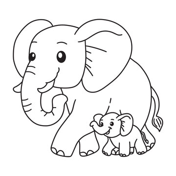Line art of elephant mother and her baby walking together vector