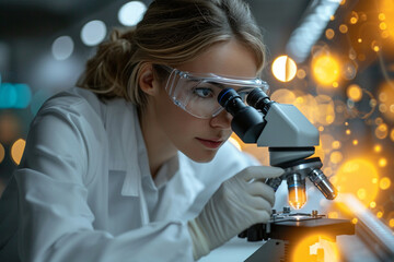 Medical Research Laboratory. Female Scientist Using Microscope to analyze substance or liquid.