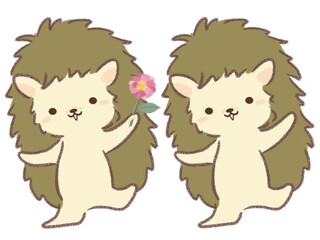 ピンクのサザンカの花を持つハリネズミ