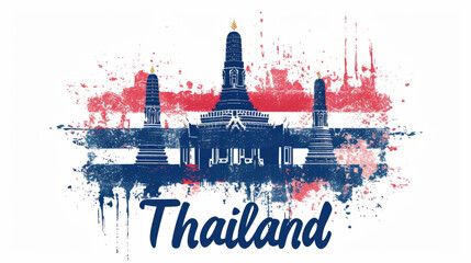 Obraz premium Travel to Thailand country illustration background with a mix of Thai flag colors and architecture of Thailand isolated on white backdrop