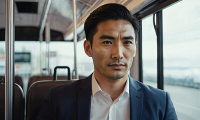 Portrait of businessman riding public electric bus to reduce air pollution