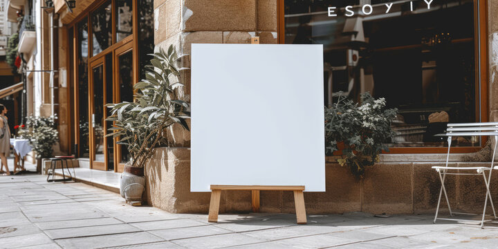 Empty Billboard On The Street In Front Of The Restaurant, Mock Up Signboard Blank Sign Stand Shop Restaurant Cafe Menu