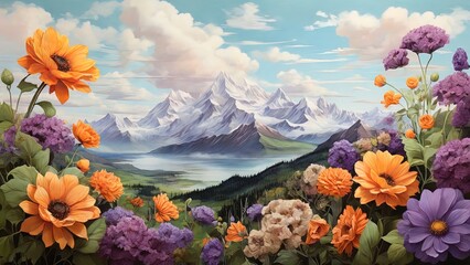 Fototapeta na wymiar A vibrant floral mountain landscape art, colorful flowers foreground, serene snow-capped peaks, ideal for home decor, digital print, wall art