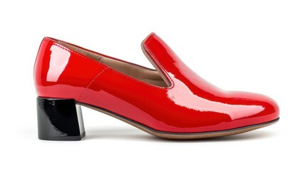 Red Patent Leather Loafer with Black Block Heel