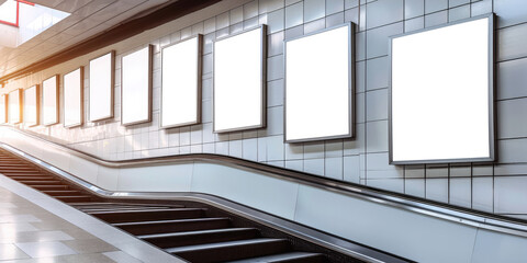 Fototapeta premium a group of four blank escalators outside in a shopping center,Empty billboards on a city street,Mock up Poster media template Ads Media display in Subway station