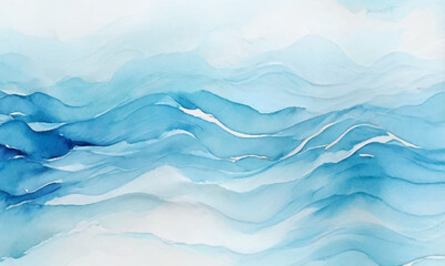 Vector ocean watercolor soft blue and white wavey curve line background. Blue water ocean sea wave seamless background. - obrazy, fototapety, plakaty