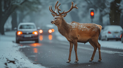 an adult horned deer crosses an asphalt road at a red light where a car with headlights on is coming to meet it, the road is slippery and snow has fallen