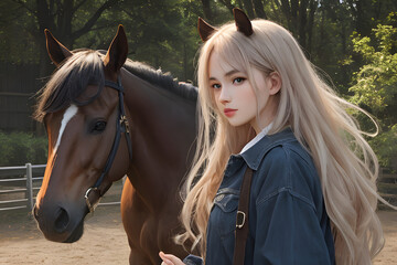 Obraz premium girl with horse in forest