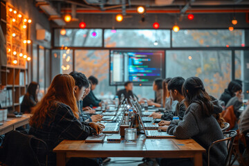 People from various backgrounds gathered in a vibrant cafe, engaging in a lively business meeting while working together on laptops, smiling and enjoying coffee