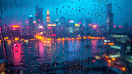 a close-up of the transparent glass of the window, on which raindrops are flowing, outside the window, a beautiful modern city can be seen in a blur in the evening with beautiful red-yellow lighting