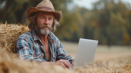 middle aged farmer in checkered work shirt and big cowboy hat sitting on hay in field after harvest at laptop with thoughtful face - Powered by Adobe
