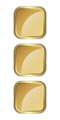 Set of three Gold rectangle buttons isolated on white background and three luxury gold icon isolated white. Vector illustration. 3 Gold shape symbols.