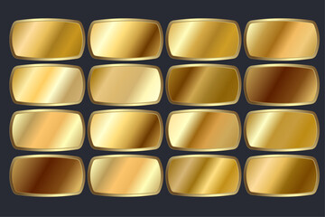 set of metallic gold gradients and Gold shape buttons, group of luxury gold color swatches on isolated white. Vector illustration. Gold shape symbol, premium buttons