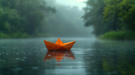 an orange paper origami boat sailing on a calm river in the rain with green trees growing on the sides, the concept of sadness for the past of childhood