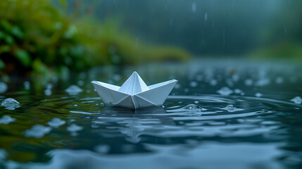 white paper origami boat sailing on a calm river in the rain with green trees growing on the sides, the concept of sadness for the past of childhood
